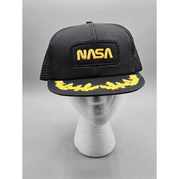 Deadstock NASA Space Gold Leaf Black Snapback Trucker Mesh Hat Cap Patch Space - Picture 1 of 8